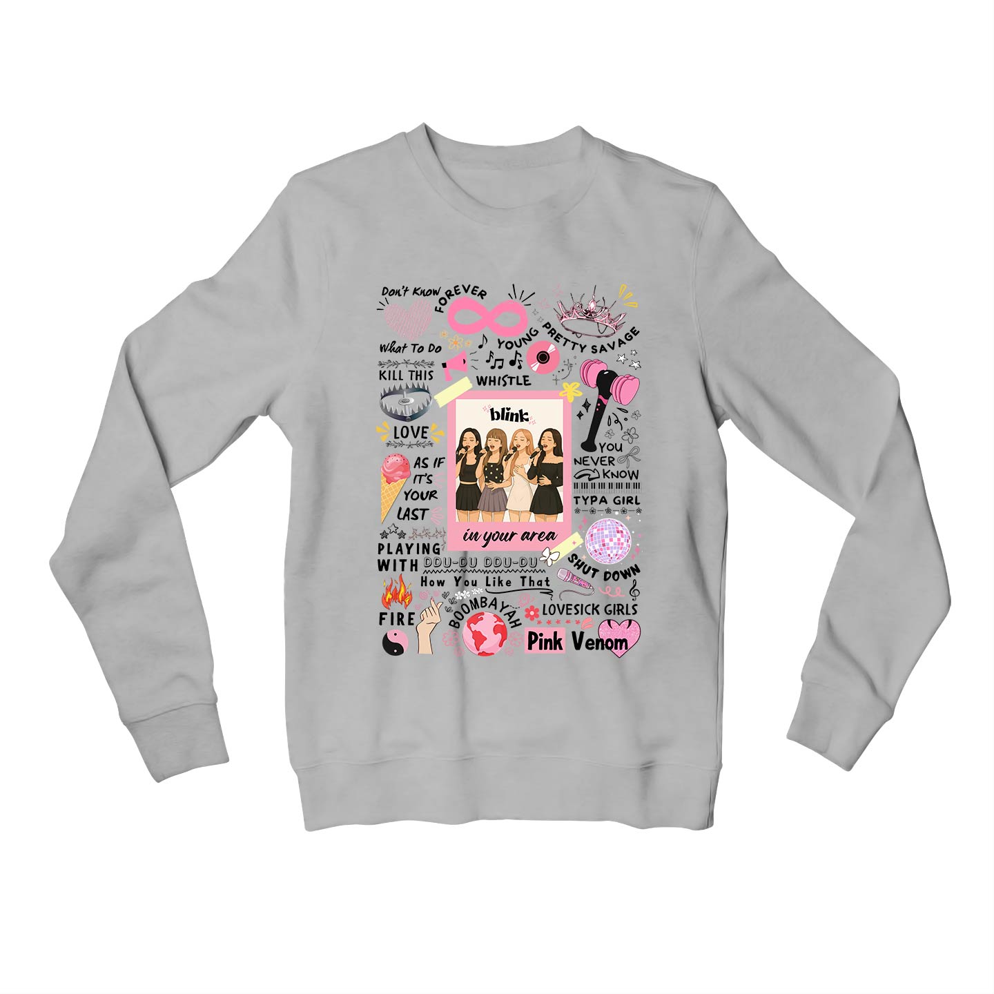black pink blink doodle sweatshirt upper winterwear music band buy online united states usa the banyan tee tbt men women girls boys unisex gray song k pop jennie lisa jisoo rose