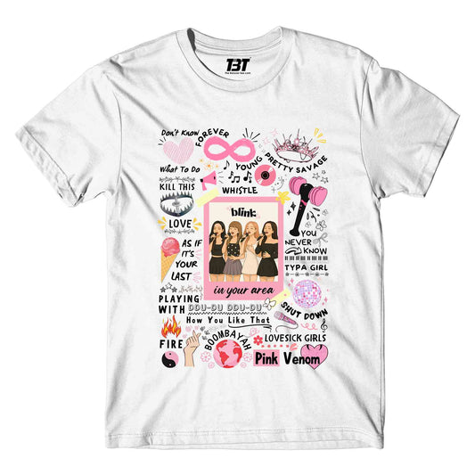 black pink blink doodle t-shirt music band buy online united states of america usa the banyan tee tbt men women girls boys unisex black song k pop jennie lisa jisoo rose