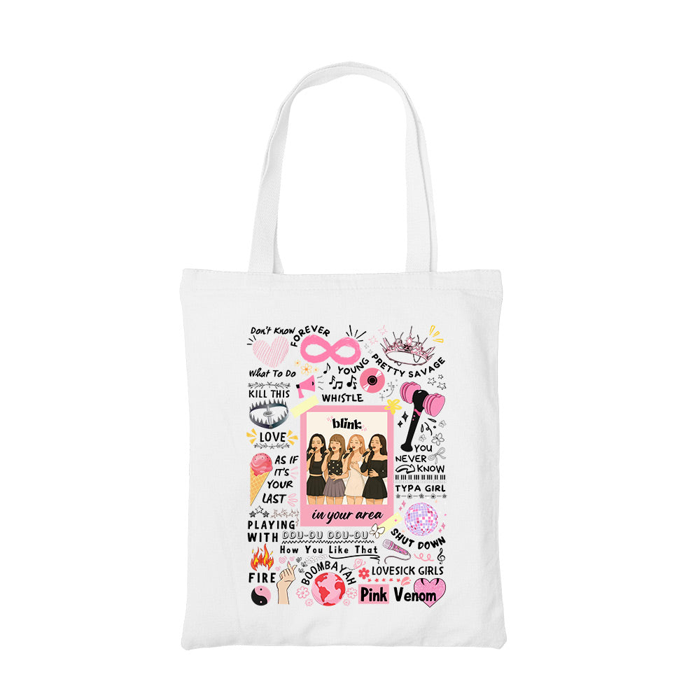 black pink blink doodle tote bag hand printed cotton women men unisex