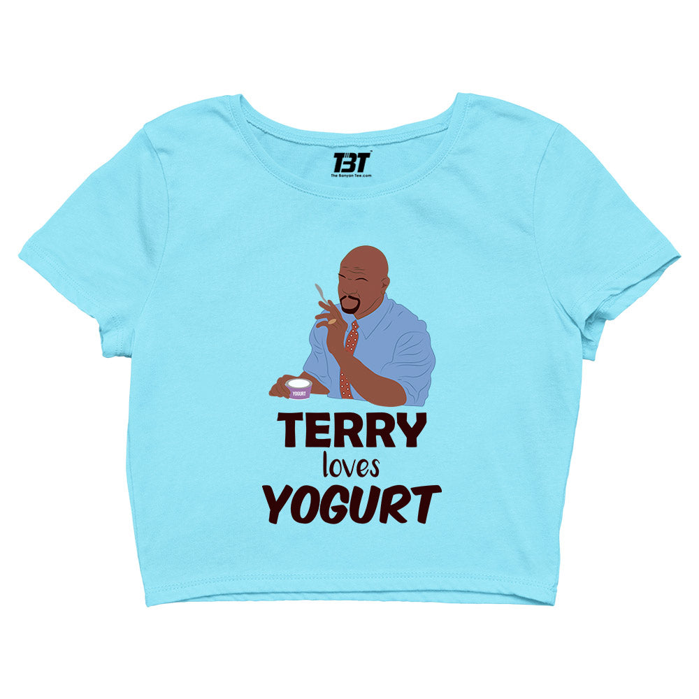 brooklyn nine-nine terry loves yogurt crop top buy online united states of america usa the banyan tee tbt men women girls boys unisex yellow detective jake peralta terry charles boyle gina linetti andy samberg merchandise clothing acceessories