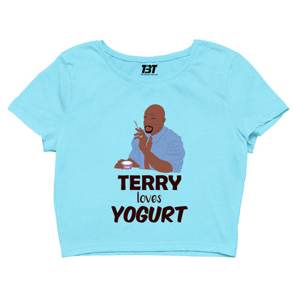 brooklyn nine-nine terry loves yogurt crop top buy online united states of america usa the banyan tee tbt men women girls boys unisex yellow detective jake peralta terry charles boyle gina linetti andy samberg merchandise clothing acceessories