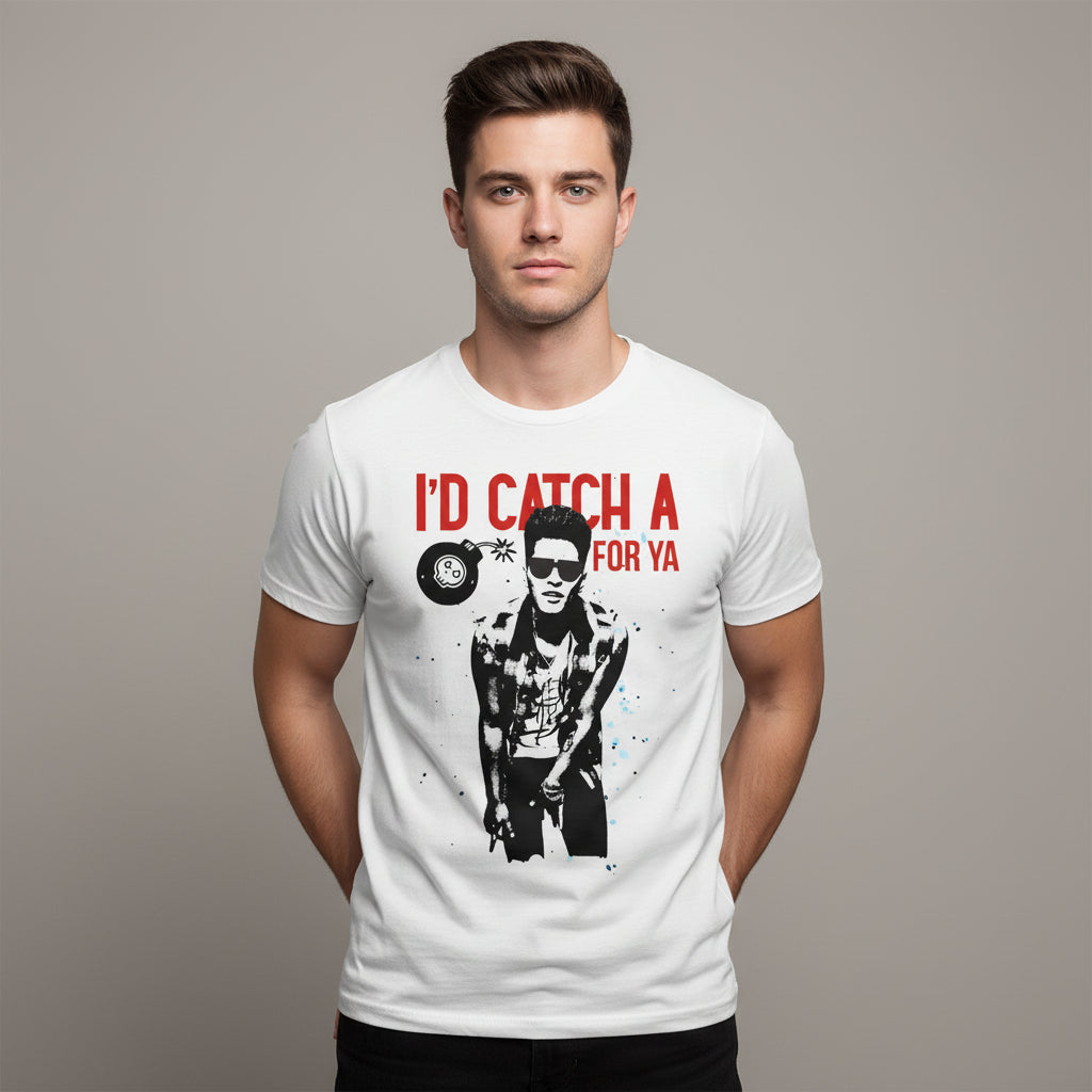 White t-shirt with graphic design and text 'I'd Catch A grenade For Ya' on a white background bruno mars