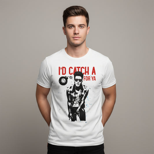 White t-shirt with graphic design and text 'I'd Catch A grenade For Ya' on a white background bruno mars