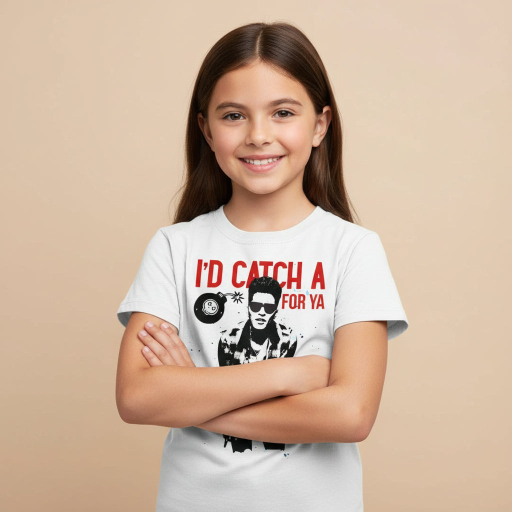 White t-shirt with graphic design and text 'I'd Catch a Bomb for Ya' on a white background