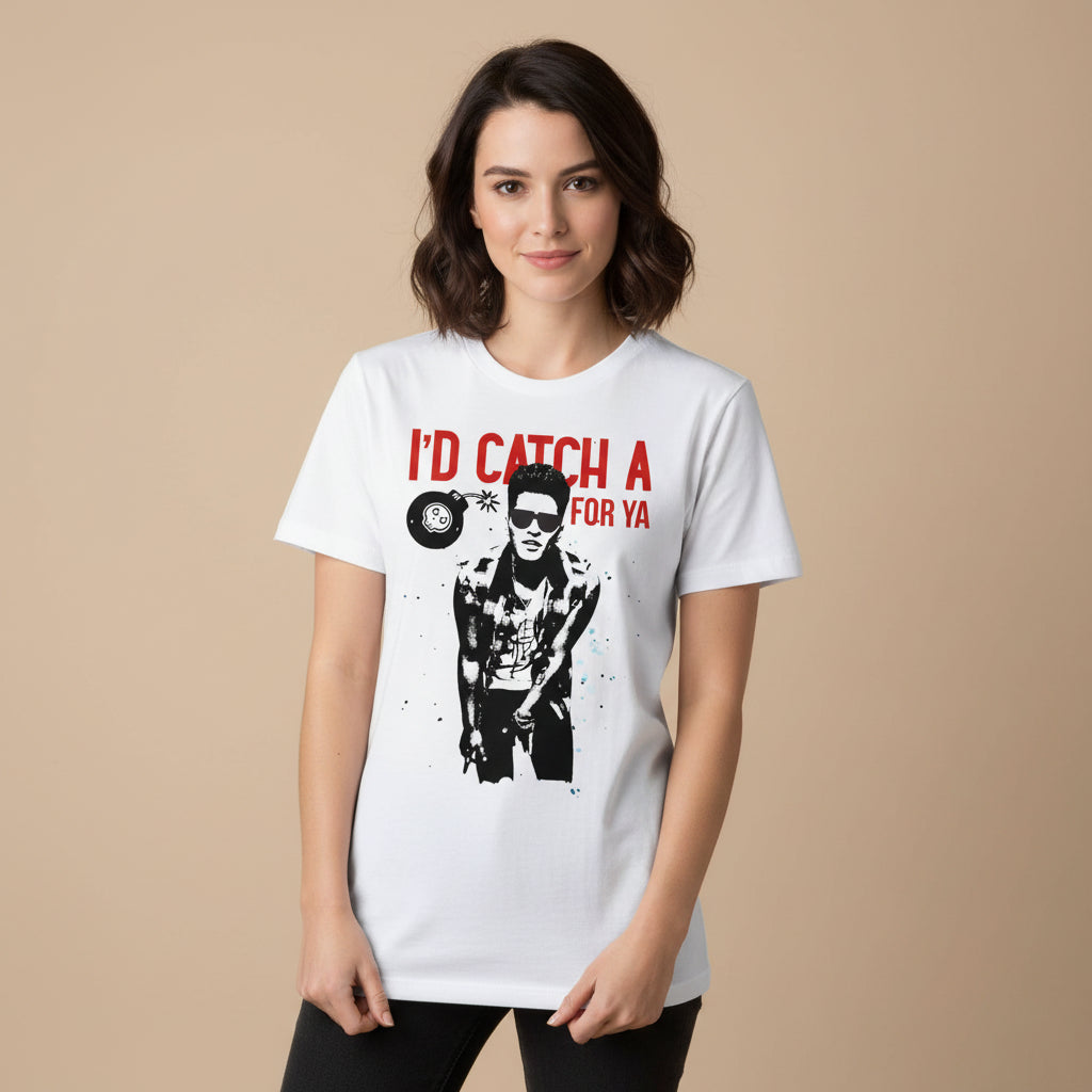 White t-shirt with graphic design and text 'I'd Catch A For Ya' on a white background Bruno Mars T-shirt Grenade