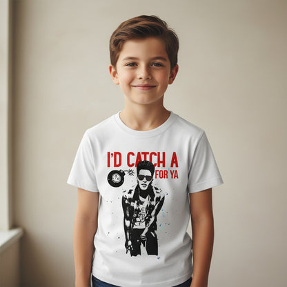 White t-shirt with graphic design and text 'I'd Catch a Bomb for Ya' on a white background