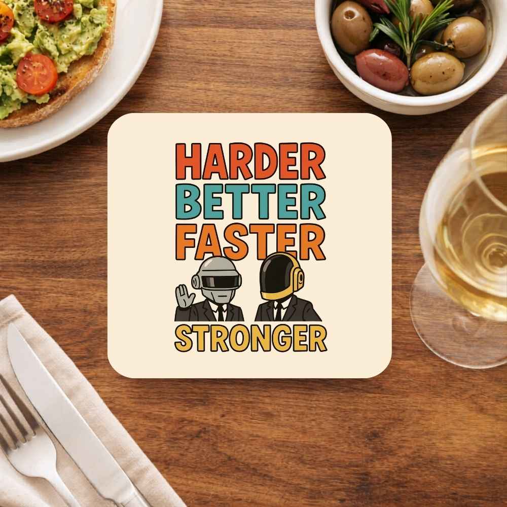 daft punk harder, better, faster, stronger coasters wooden table cups indian music band buy online india the banyan tee tbt men women girls boys unisex