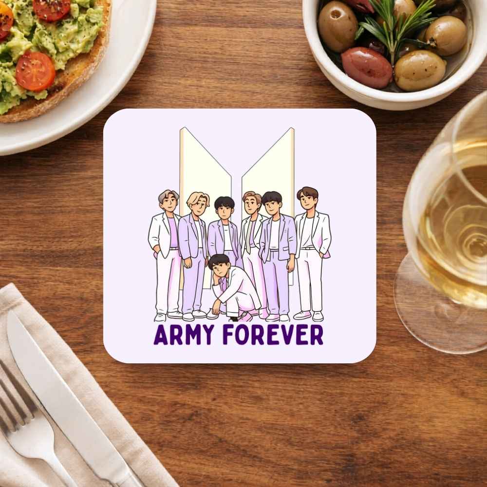 BTS Army Forever coaster with illustrated Bangtan members in white and purple outfits on wooden table – stylish K-pop fan drink coaster set and home decor gift for ARMY