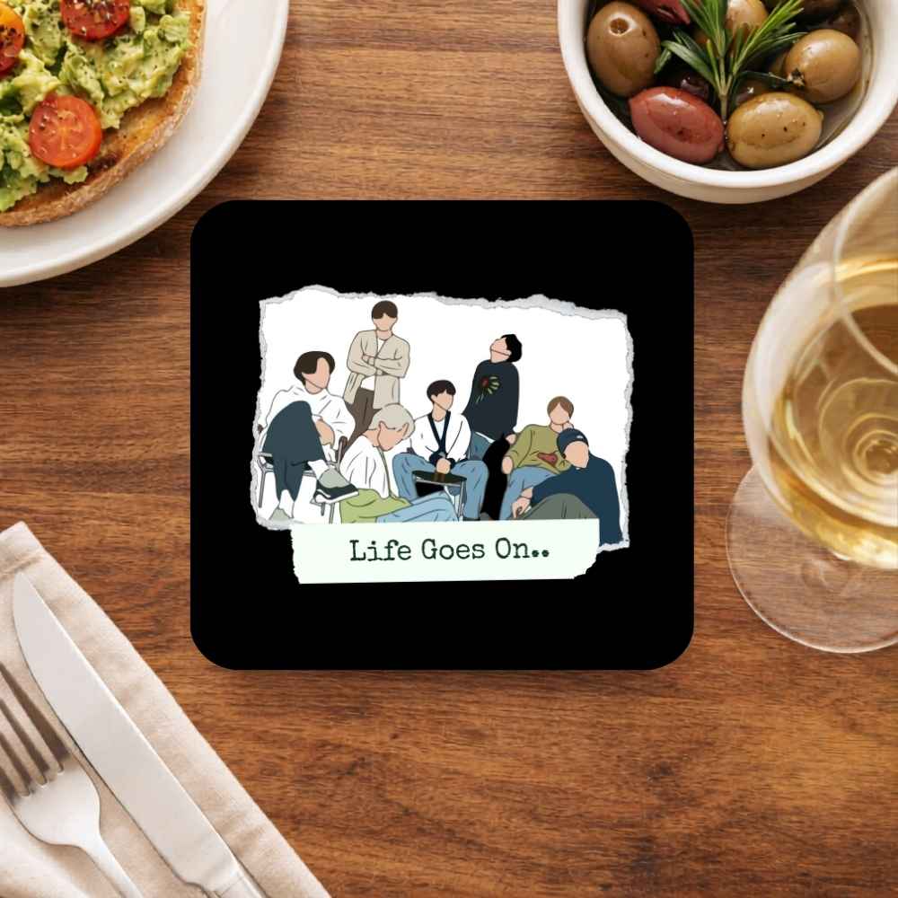 BTS Life Goes On coaster with dark K-pop fan art of Bangtan members and song title on wooden table – stylish drink coaster set and unique Korean pop merch gift for ARMY fans