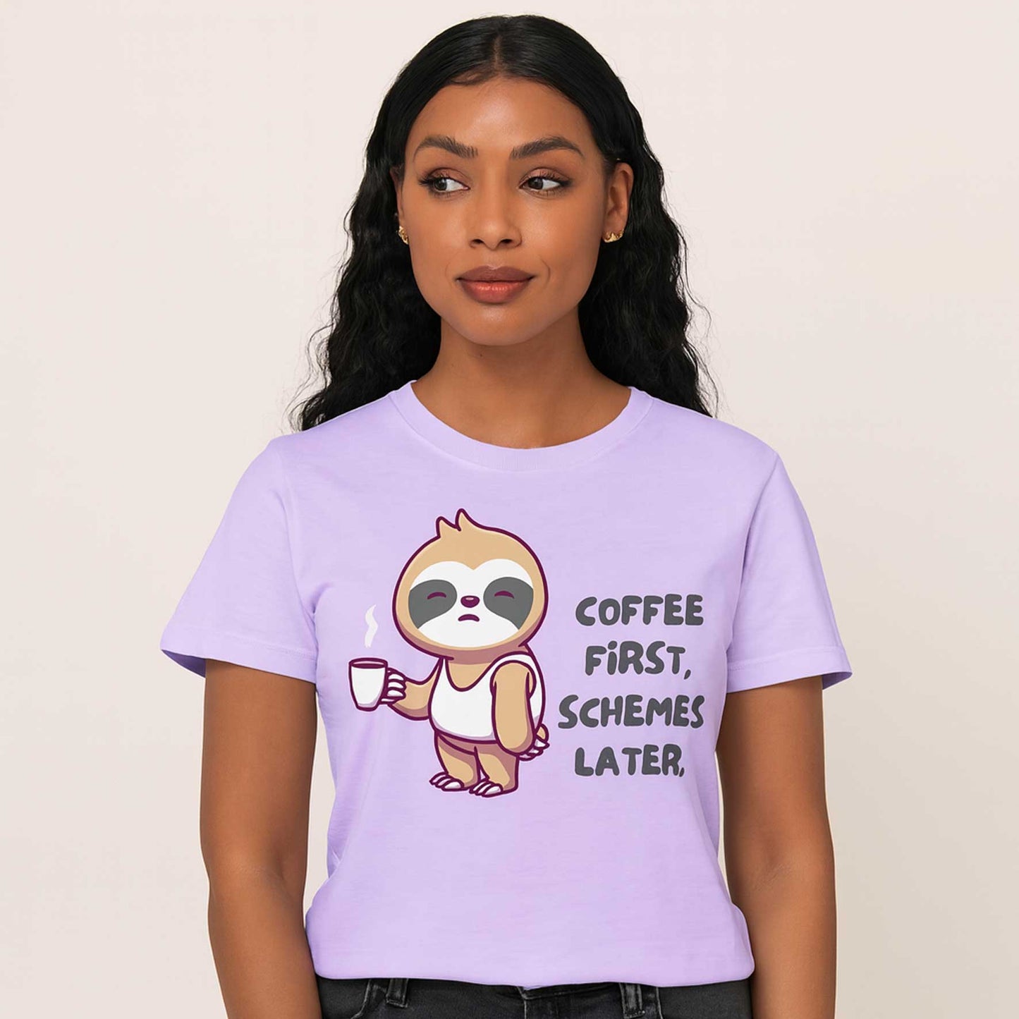 graphic coffee first schemes later t-shirt printed graphic stylish buy online united states usa the banyan tee tbt men women girls boys unisex lavender