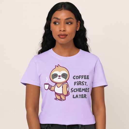 graphic coffee first schemes later t-shirt printed graphic stylish buy online united states usa the banyan tee tbt men women girls boys unisex lavender 