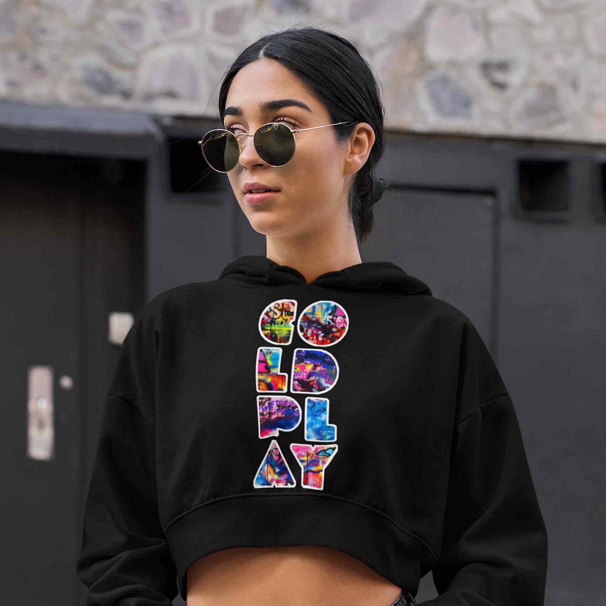 coldplay grafitti art crop hoodie hooded sweatshirt upper winterwear music band buy online india the banyan tee tbt men women girls boys unisex black