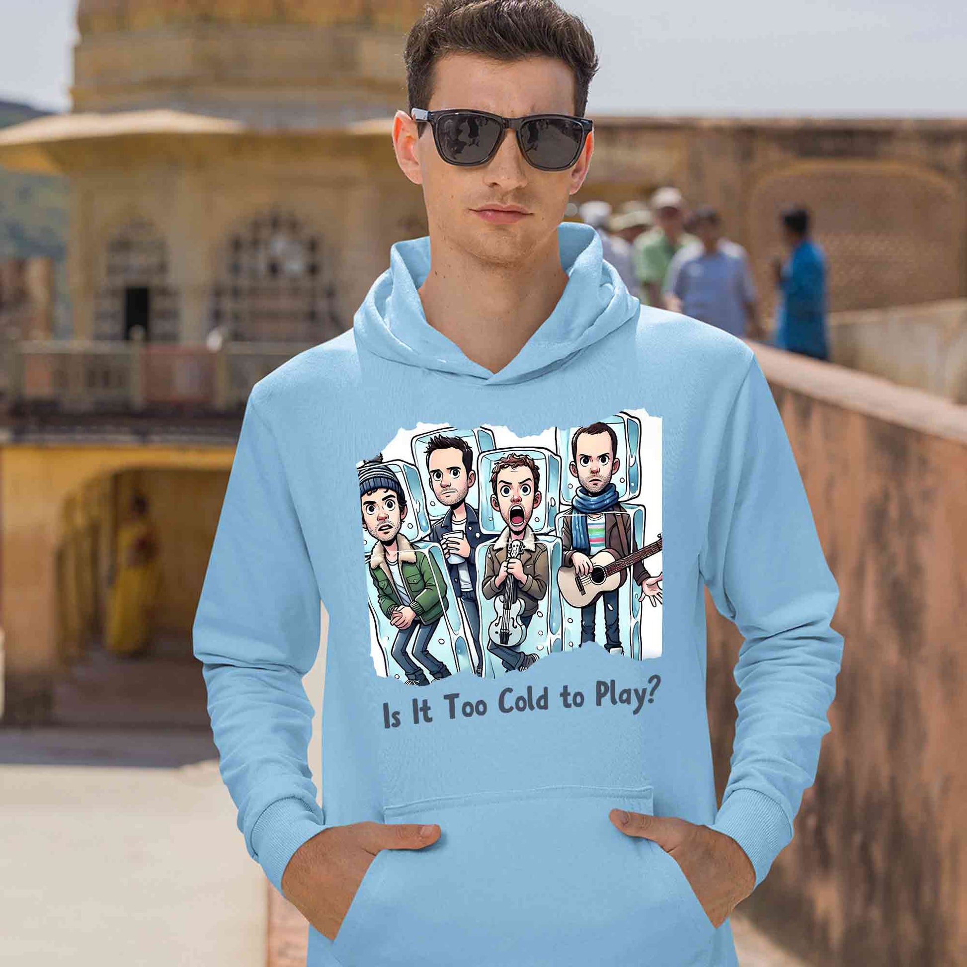 coldplay is it too cold to play hoodie hooded sweatshirt winterwear music band buy online united states usa the banyan tee tbt men women girls boys unisex baby blue