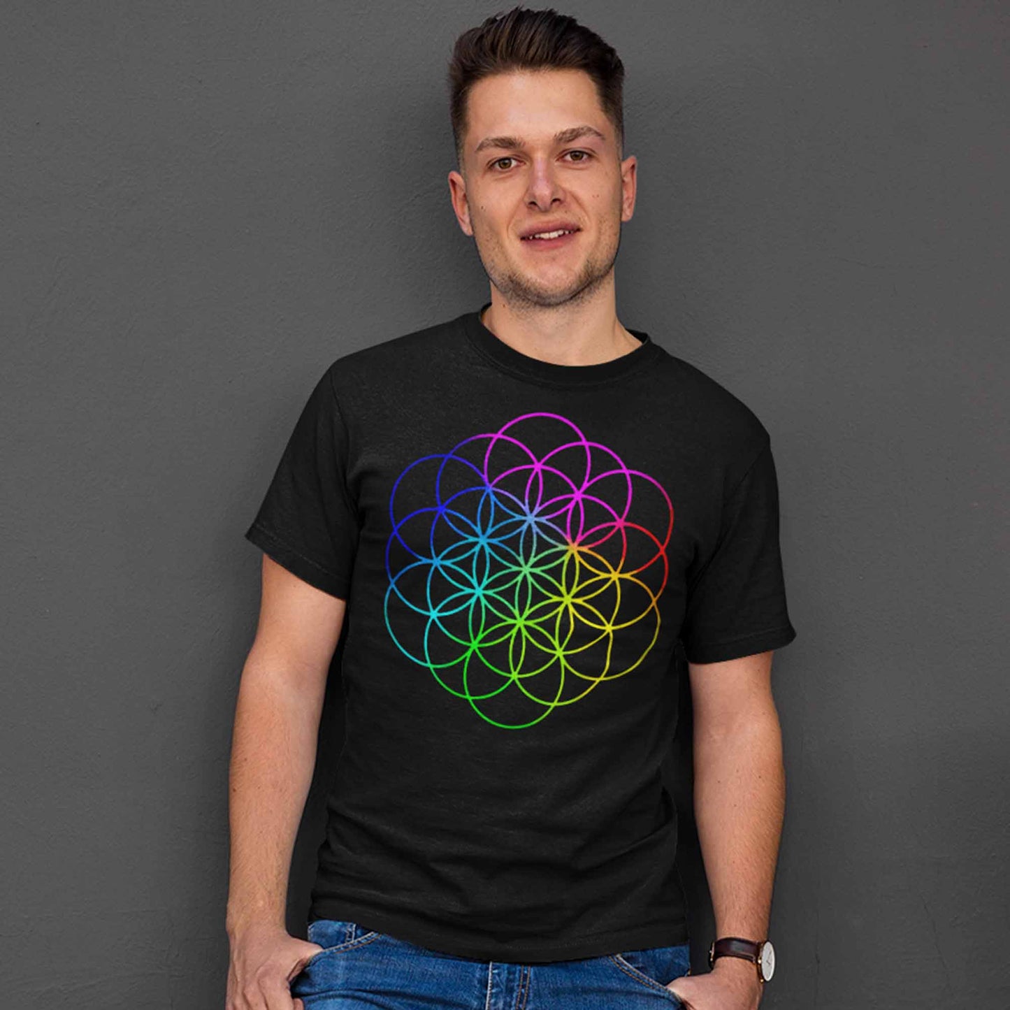 coldplay flower of life t-shirt music band buy online usa united states the banyan tee tbt men women girls boys unisex black