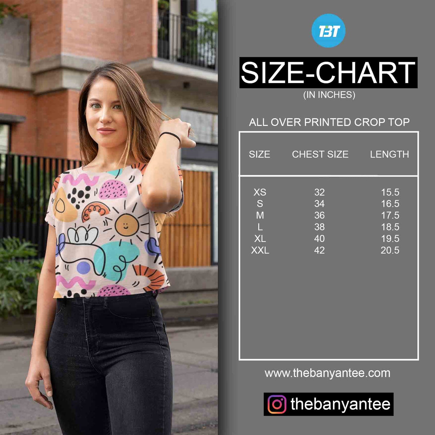 The Banyan Tee Custom AOP Crop Top Size Chart
