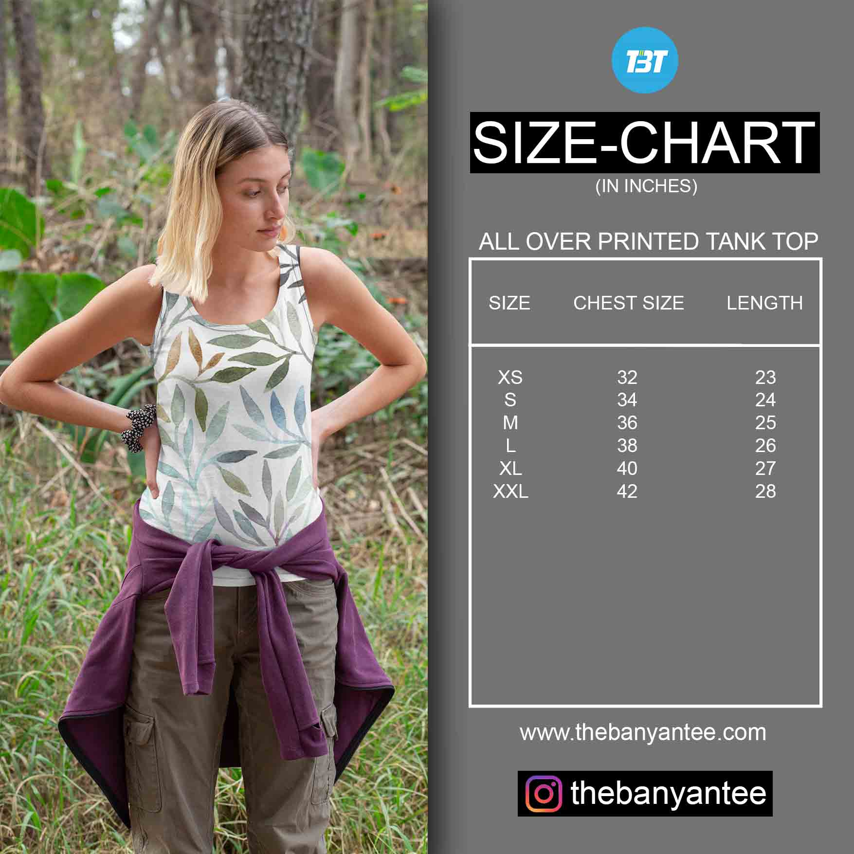The Banyan Tee Custom All Over Printed Tank Top Size Chart