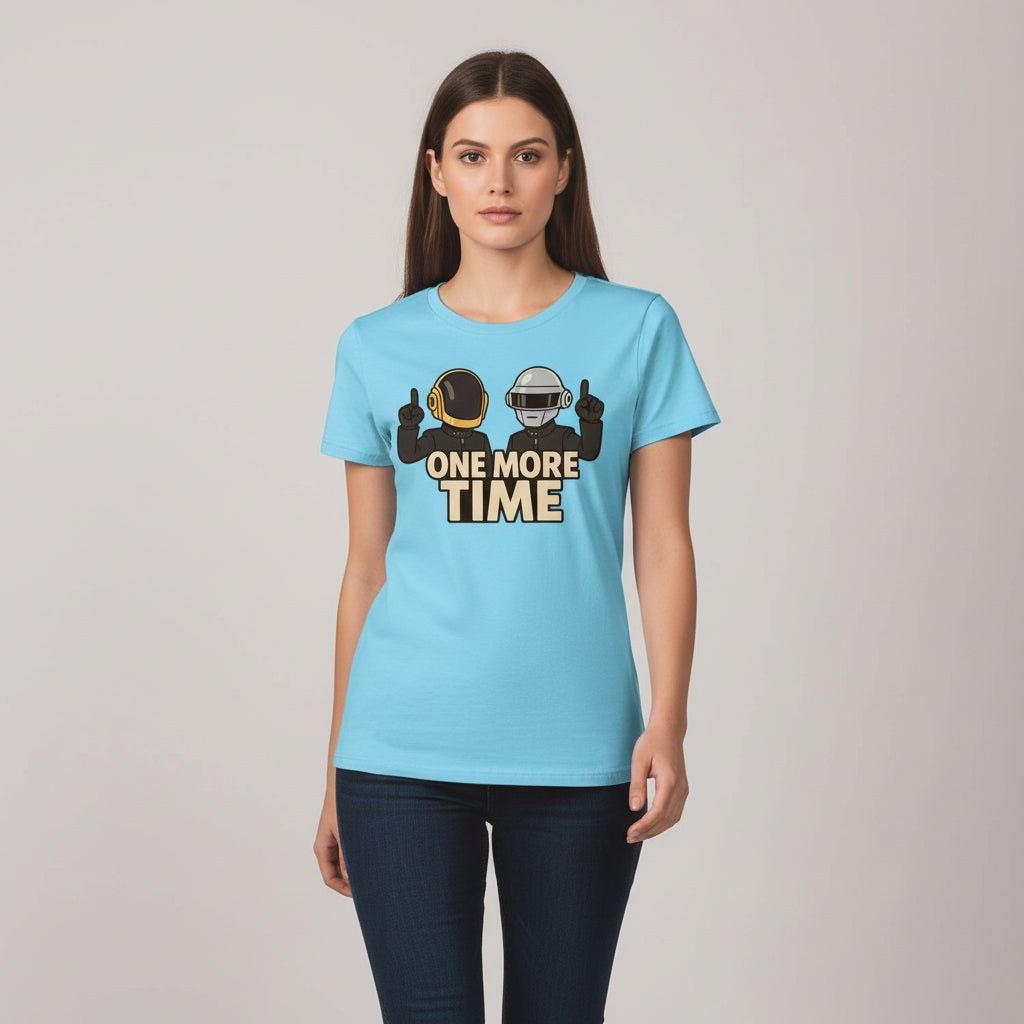 Light blue t-shirt with robot graphic and 'One More Time' text on a white background daft punk