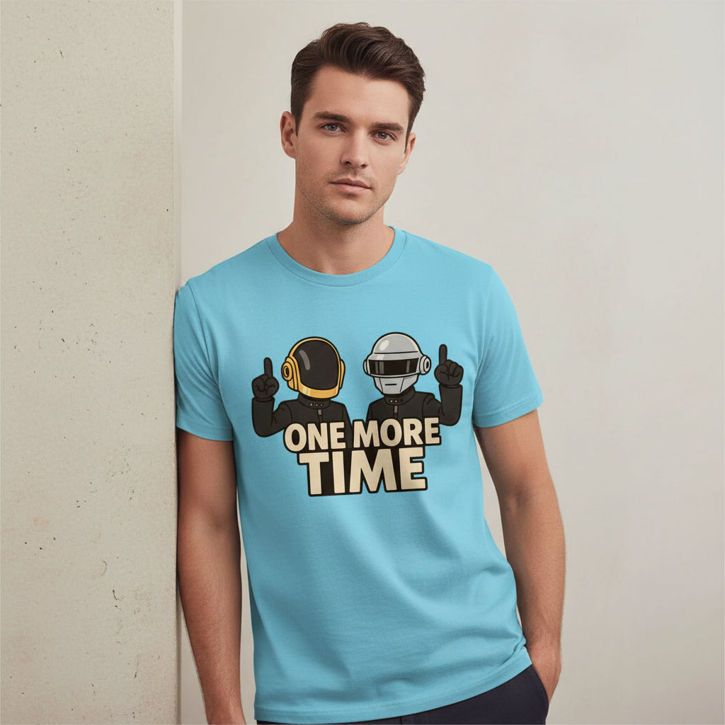 Light blue t-shirt with robot graphic and 'One More Time' text on a white background daft punk