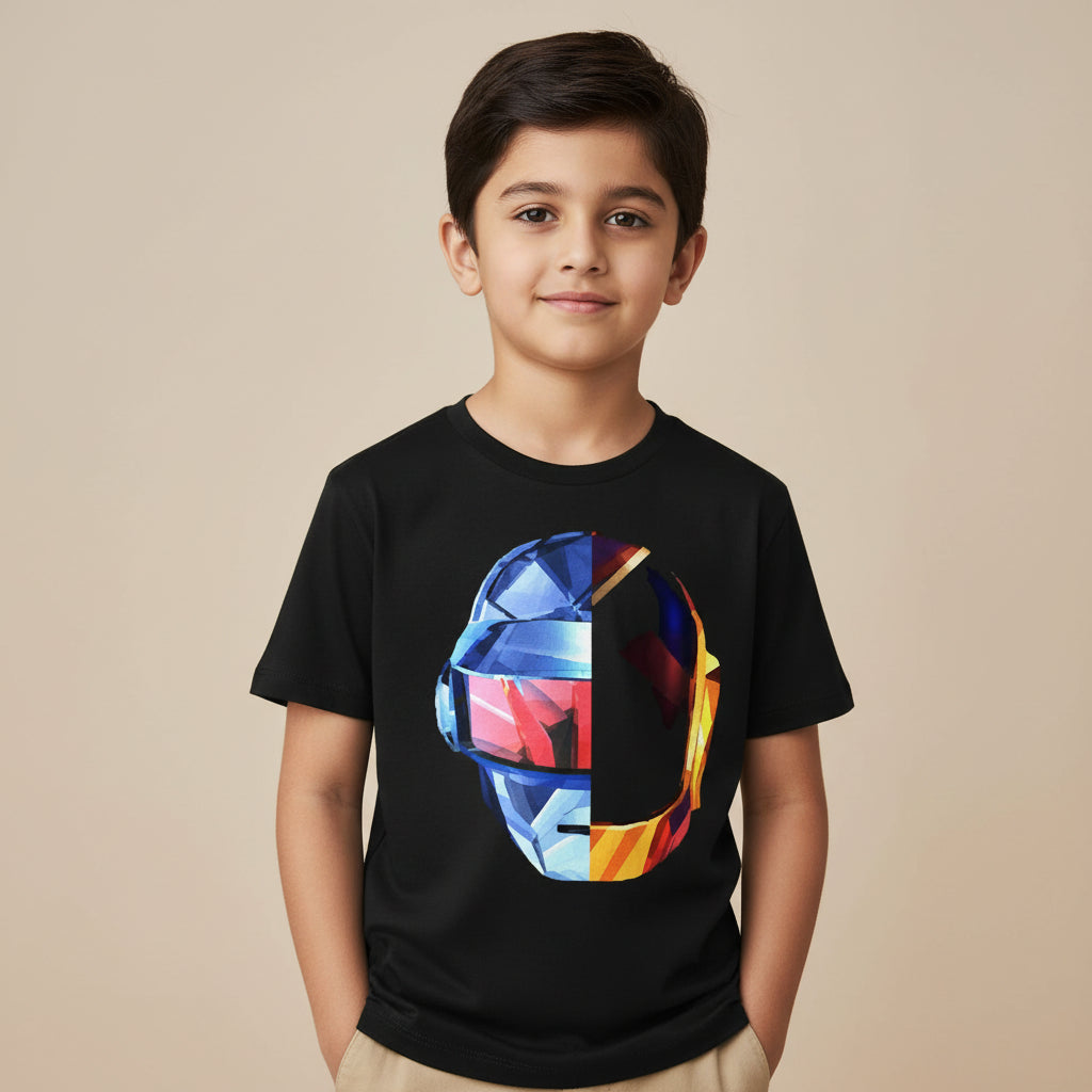 Black t-shirt with a colorful helmet graphic on a white background