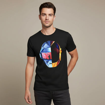 Black t-shirt with a colorful helmet graphic on a white background daft punk