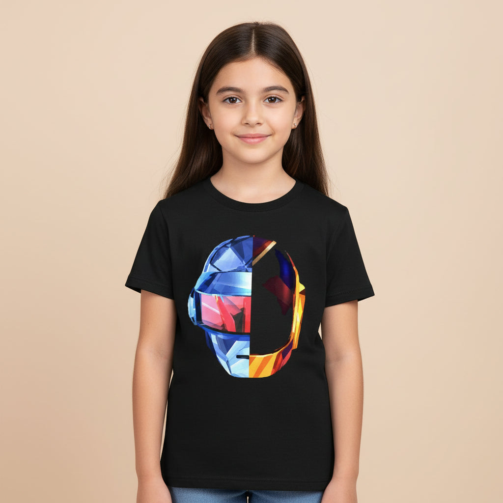 Black t-shirt with a colorful helmet graphic on a white background