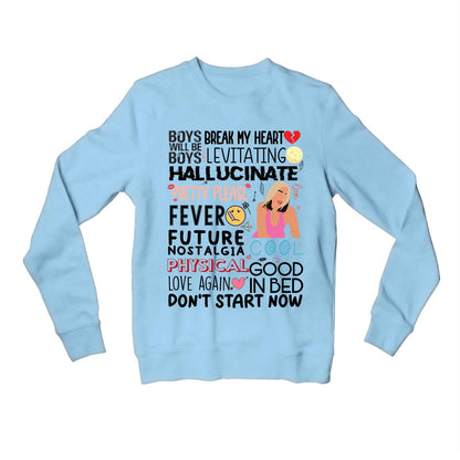 dua lipa dua's discography sweatshirt upper winterwear music band buy online united states usa the banyan tee tbt men women girls boys unisex baby blue