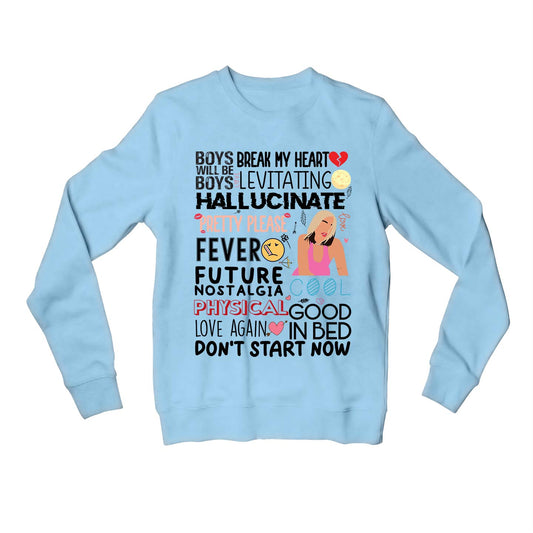 dua lipa dua's discography sweatshirt upper winterwear music band buy online united states usa the banyan tee tbt men women girls boys unisex baby blue