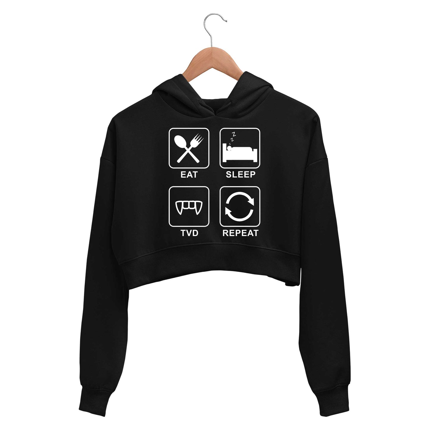 the vampire diaries eat sleep tvd repeat crop hoodie hooded sweatshirt upper winterwear tv & movies buy online india the banyan tee tbt men women girls boys unisex black tvd stefan elena damon caroline katherine tyler bonnie