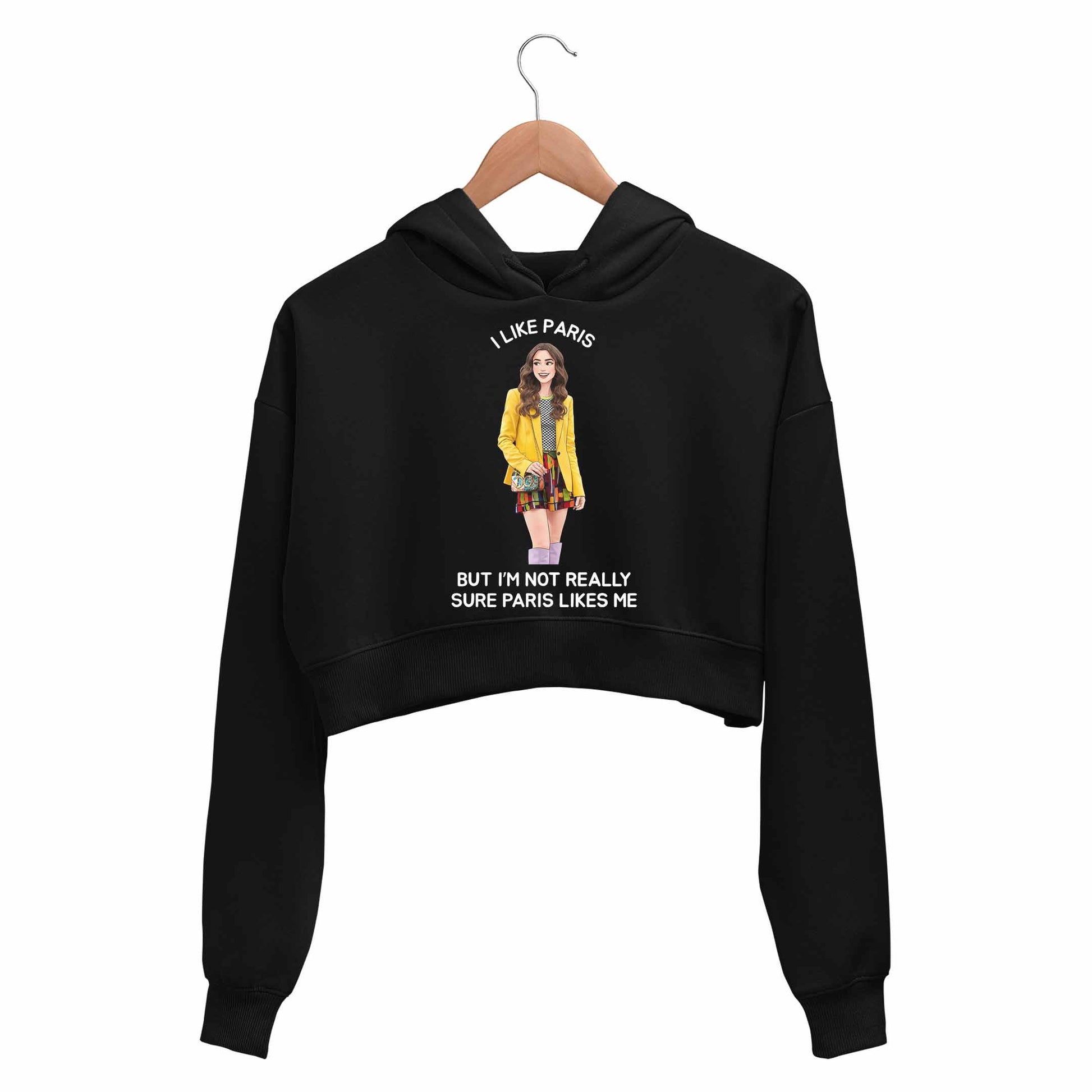 emily in paris i like paris crop hoodie hooded sweatshirt upper winterwear tv & movies buy online united states usa the banyan tee tbt men women girls boys unisex black 