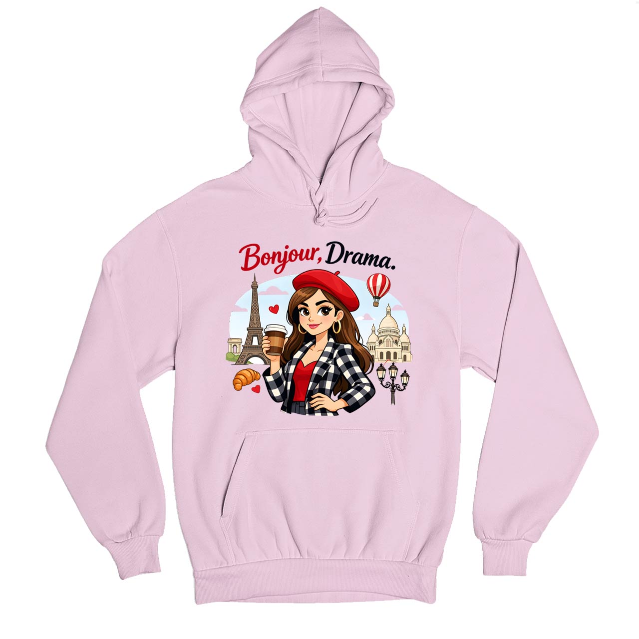 emily in paris bonjour drama hoodie hooded sweatshirt winterwear tv & movies buy online united states usa the banyan tee tbt men women girls boys unisex baby pink 