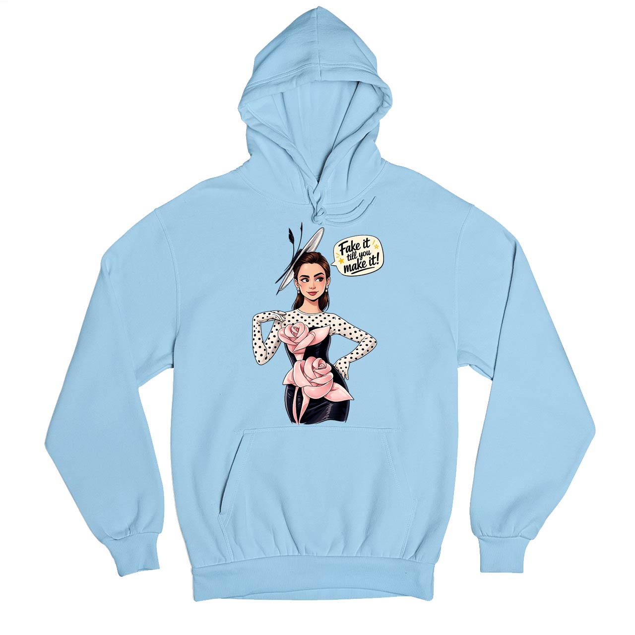 emily in paris fake it till you make it hoodie hooded sweatshirt winterwear tv & movies buy online united states usa the banyan tee tbt men women girls boys unisex baby blue 