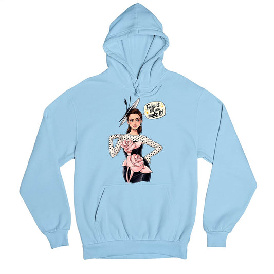 emily in paris fake it till you make it hoodie hooded sweatshirt winterwear tv & movies buy online united states usa the banyan tee tbt men women girls boys unisex baby blue 