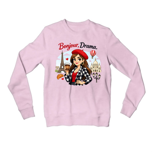 emily in paris bonjour drama sweatshirt upper winterwear tv & movies buy online united states usa the banyan tee tbt men women girls boys unisex baby pink 