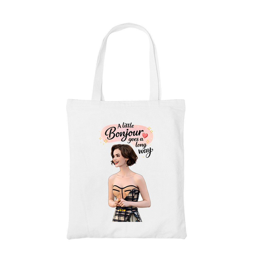 emily in paris a little bonjour tote bag cotton printed tv & movies buy online united states usa the banyan tee tbt men women girls boys unisex  