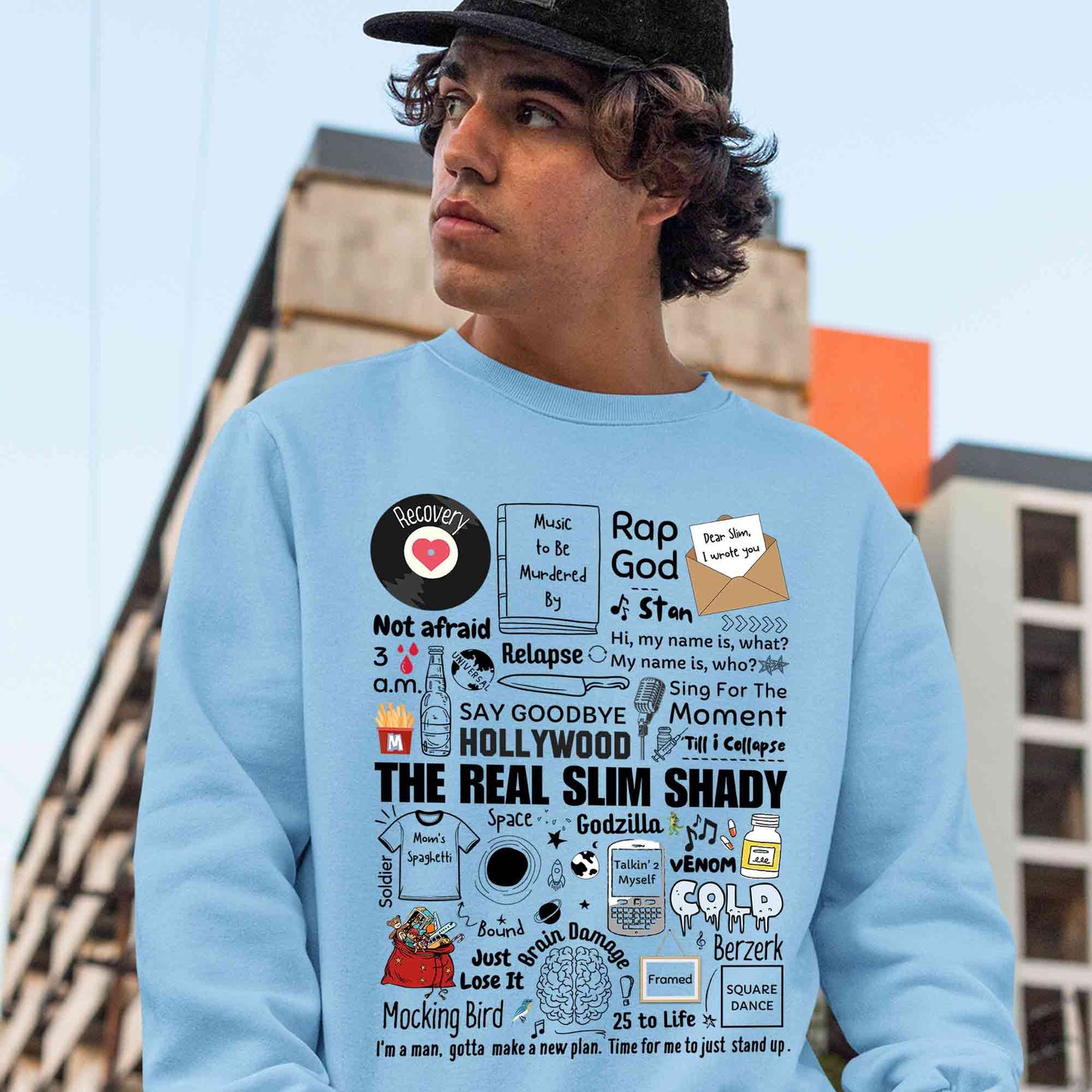 eminem shady doodle sweatshirt upper winterwear music band buy online united states usa the banyan tee tbt men women girls boys unisex baby blue