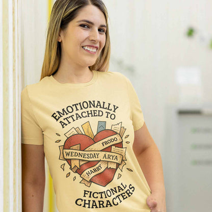 graphic emotionally attached to fictional characters t-shirt printed graphic stylish buy online united states usa the banyan tee tbt men women girls boys unisex beige 