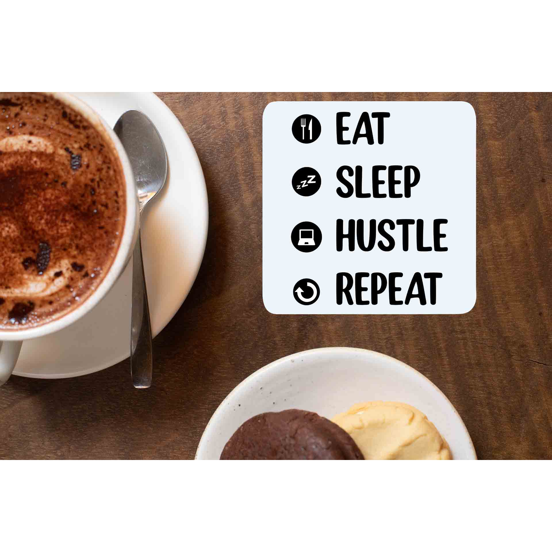 printed eat sleep hustle repeat coasters wooden table cups indian printed graphic stylish buy online india the banyan tee tbt men women girls boys unisex