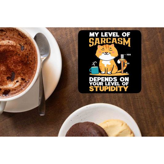 printed my level of sarcasm coasters wooden table cups indian printed graphic stylish buy online india the banyan tee tbt men women girls boys unisex