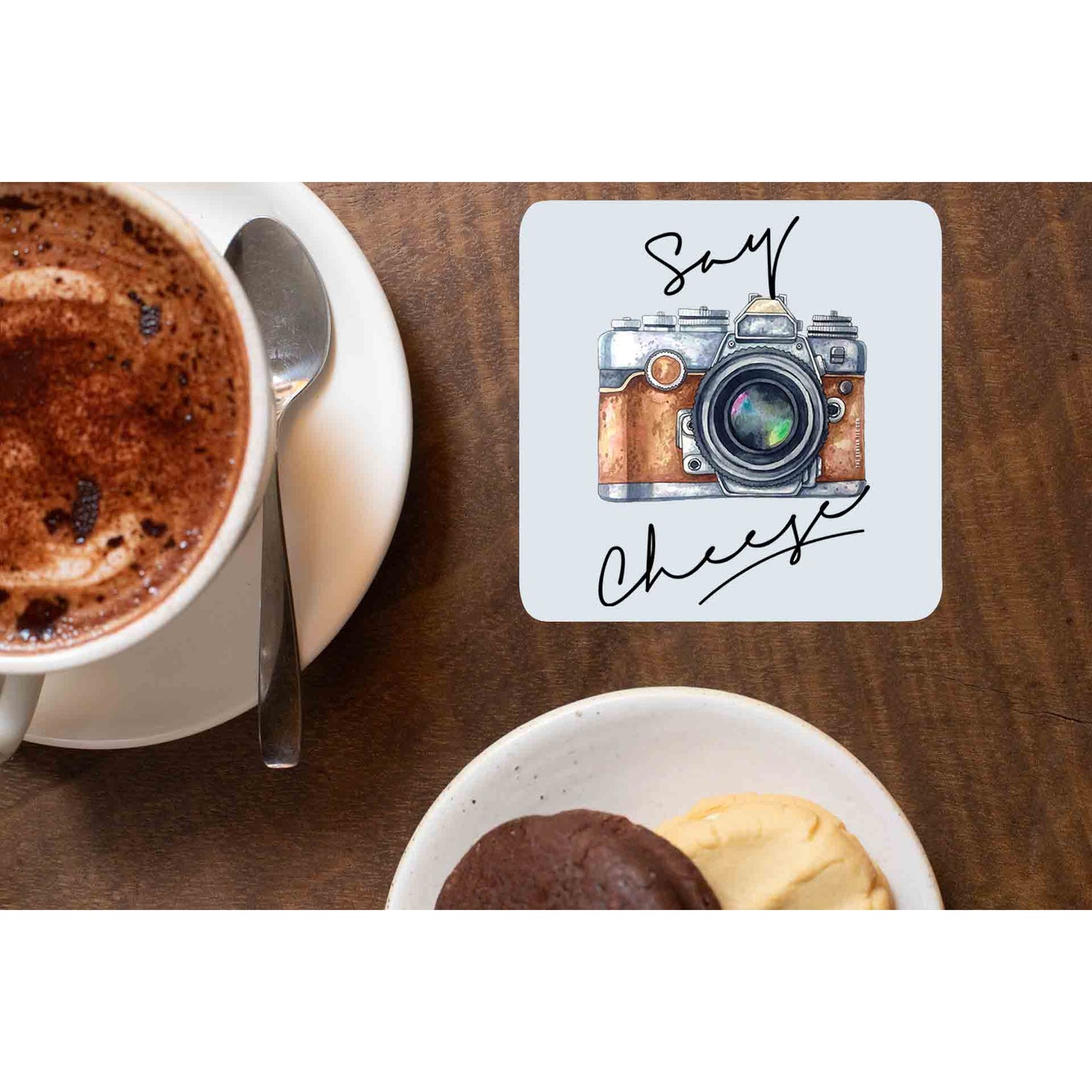 printed say cheese coasters wooden table cups indian printed graphic stylish buy online india the banyan tee tbt men women girls boys unisex