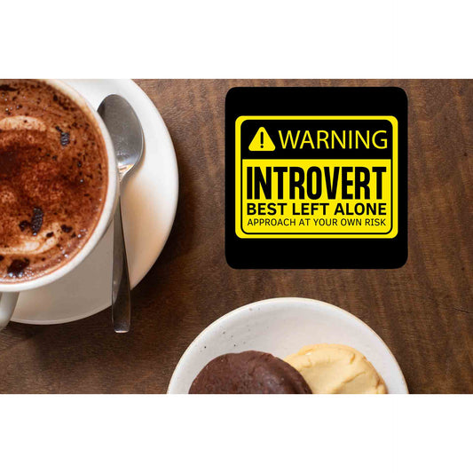 printed warning - introvert coasters wooden table cups indian printed graphic stylish buy online india the banyan tee tbt men women girls boys unisex