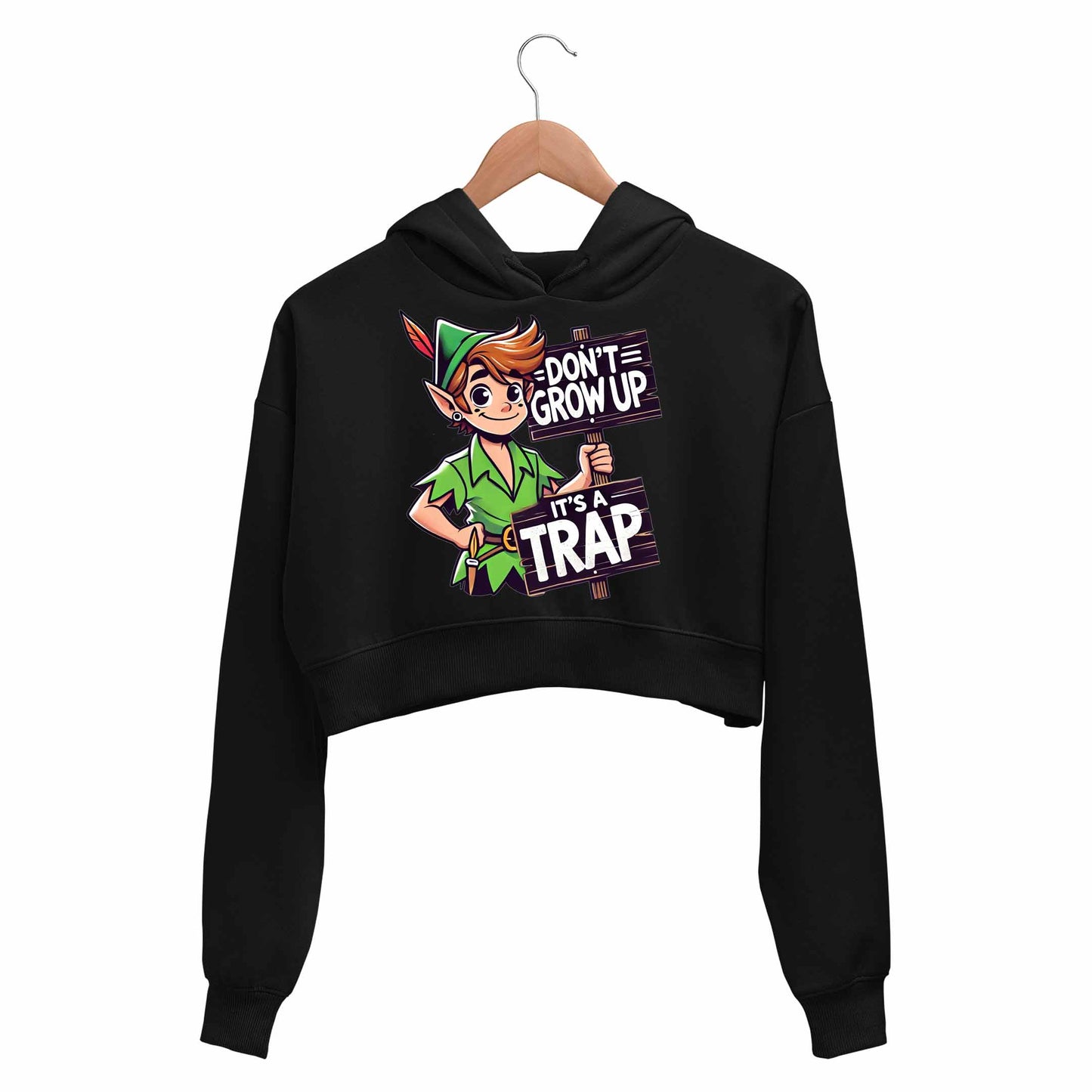 printed don't grow up crop hoodie hooded sweatshirt upper winterwear printed graphic stylish buy online india the banyan tee tbt men women girls boys unisex black