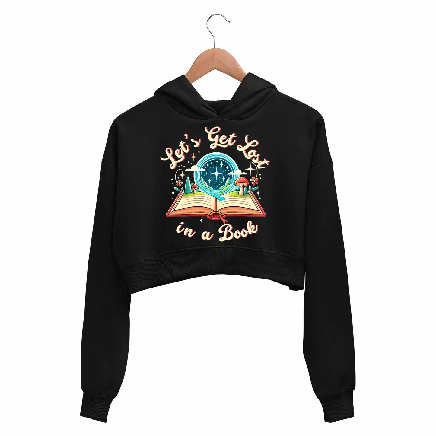 printed let's get lost crop hoodie hooded sweatshirt upper winterwear printed graphic stylish buy online india the banyan tee tbt men women girls boys unisex black