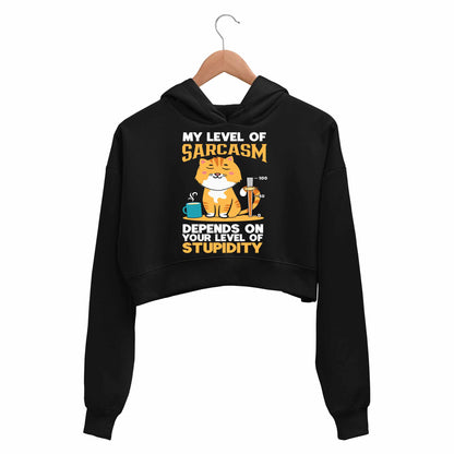 printed my level of sarcasm crop hoodie hooded sweatshirt upper winterwear printed graphic stylish buy online india the banyan tee tbt men women girls boys unisex black