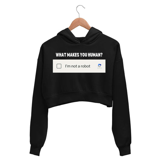 printed what makes you human crop hoodie hooded sweatshirt upper winterwear printed graphic stylish buy online india the banyan tee tbt men women girls boys unisex black