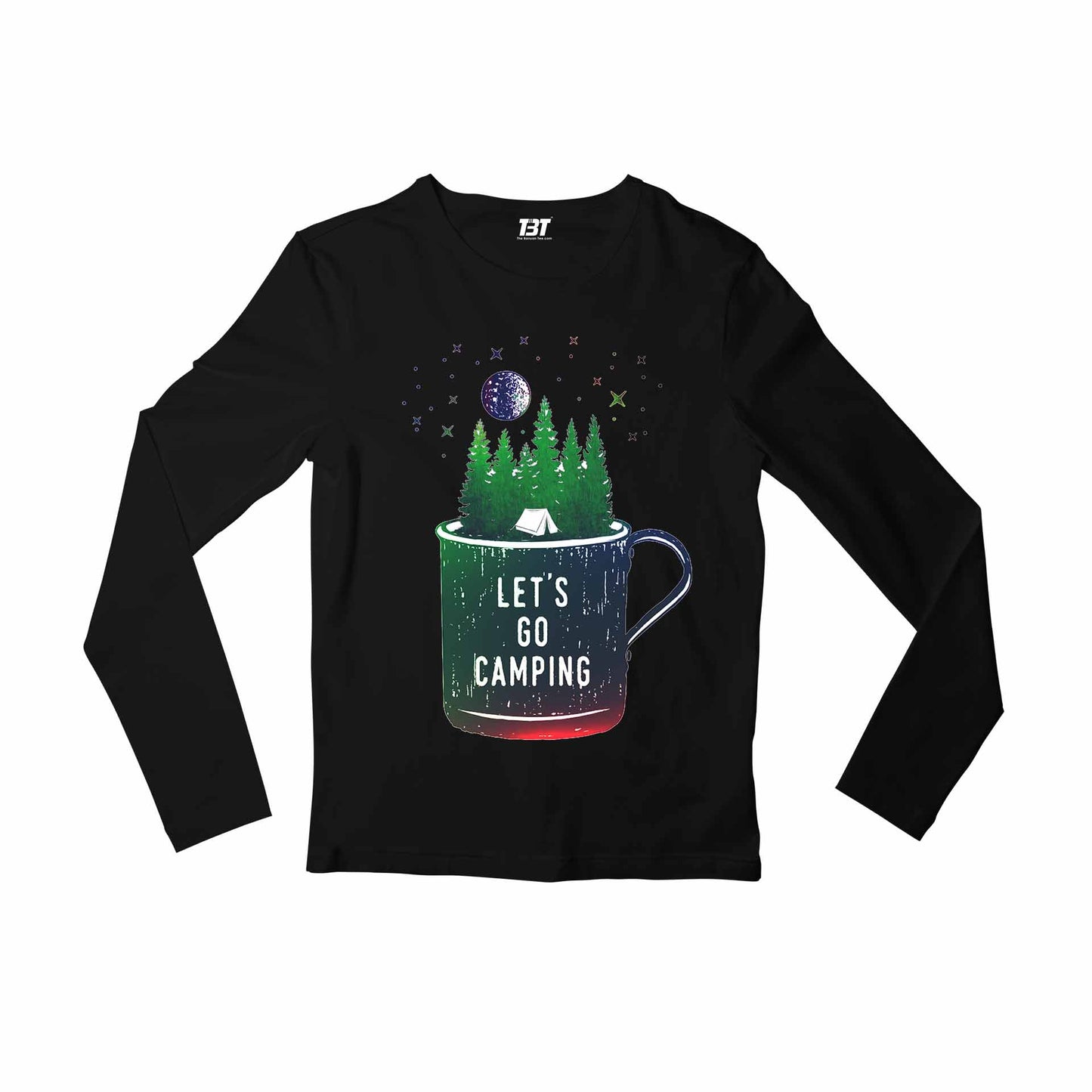 printed let's go camping full sleeves long sleeves printed graphic stylish buy online india the banyan tee tbt men women girls boys unisex black