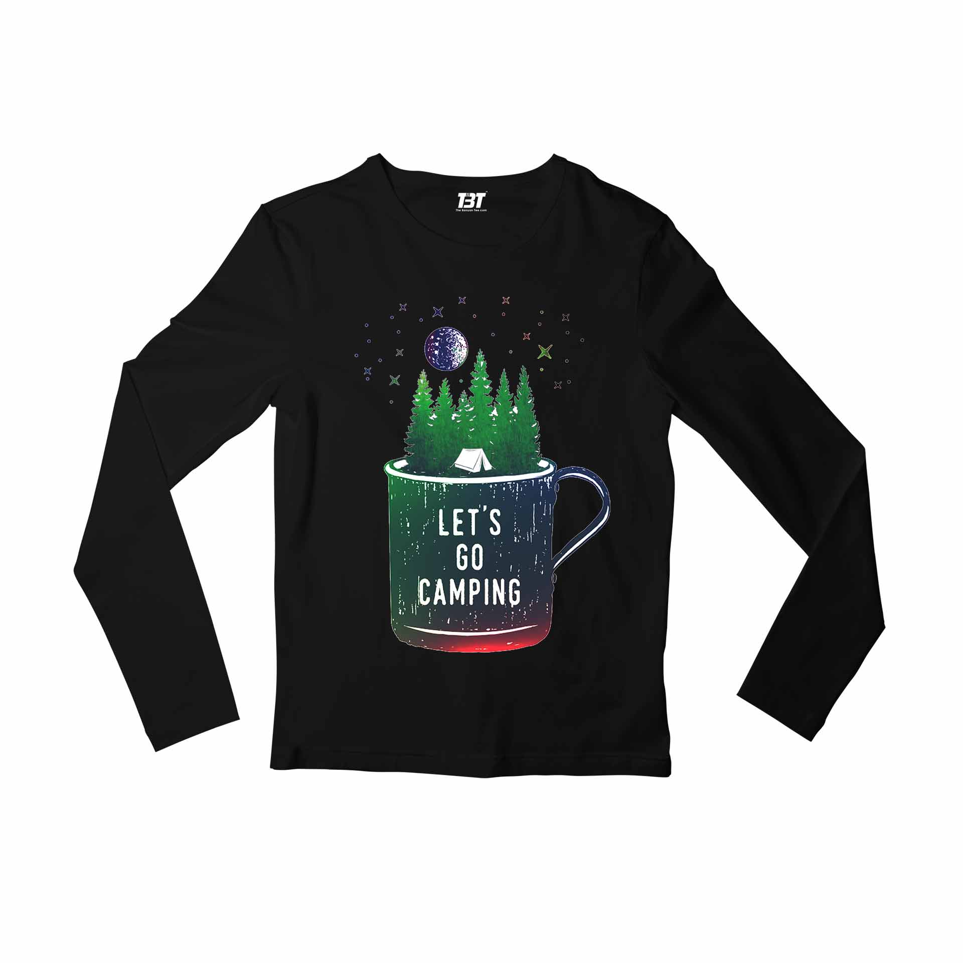 printed let's go camping full sleeves long sleeves printed graphic stylish buy online india the banyan tee tbt men women girls boys unisex black
