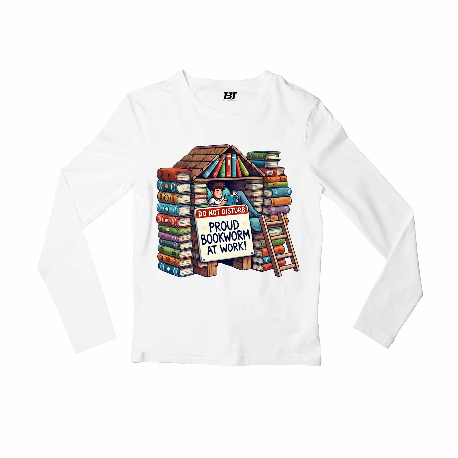 printed bookworm at work full sleeves long sleeves printed graphic stylish buy online india the banyan tee tbt men women girls boys unisex white