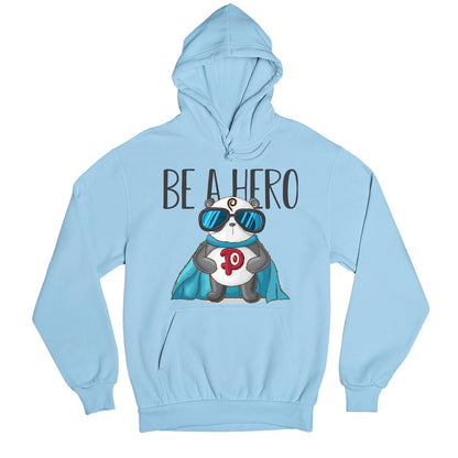 printed be a hero hoodie hooded sweatshirt winterwear printed graphic stylish buy online united states usa the banyan tee tbt men women girls boys unisex baby blue