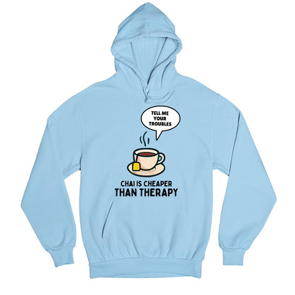 printed chai is cheaper than therapy hoodie hooded sweatshirt winterwear printed graphic stylish buy online united states usa the banyan tee tbt men women girls boys unisex baby blue