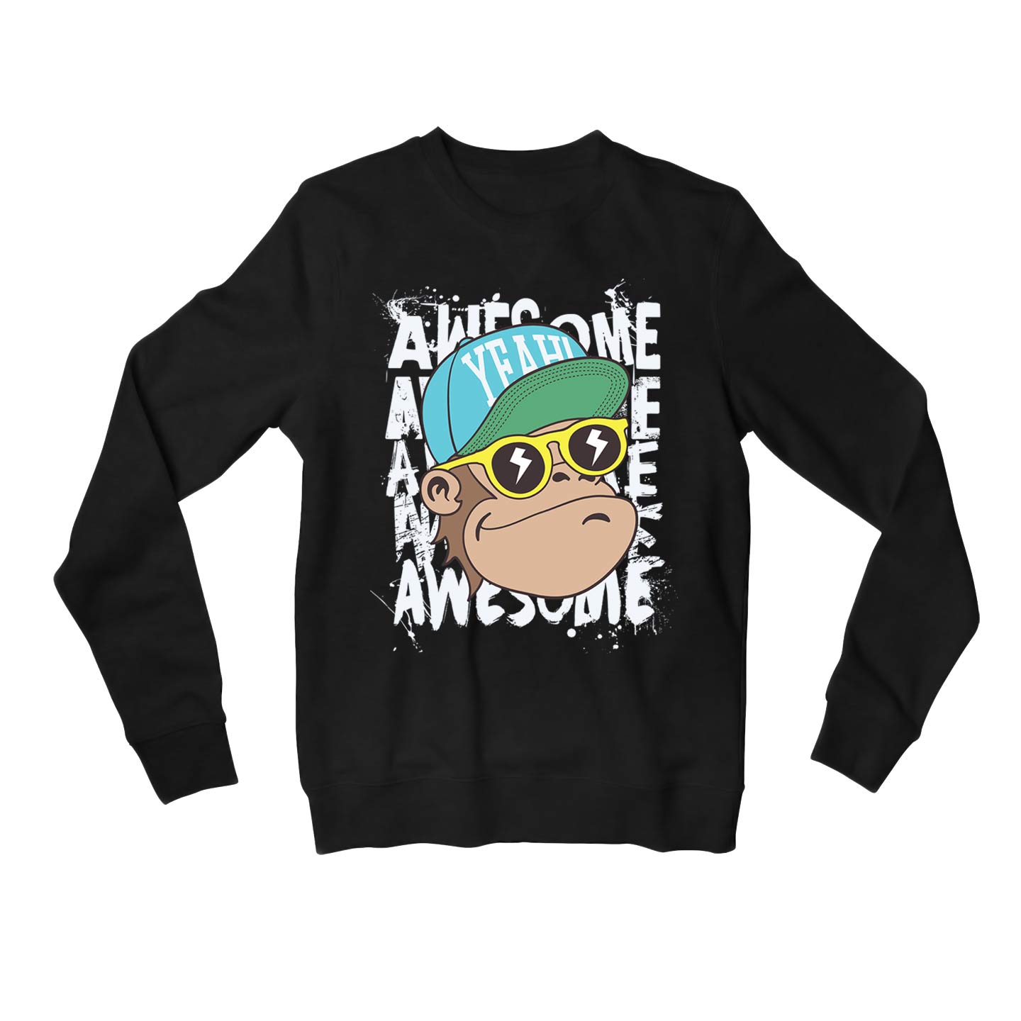 printed awesome chimp sweatshirt upper winterwear printed graphic stylish buy online united states usa the banyan tee tbt men women girls boys unisex black